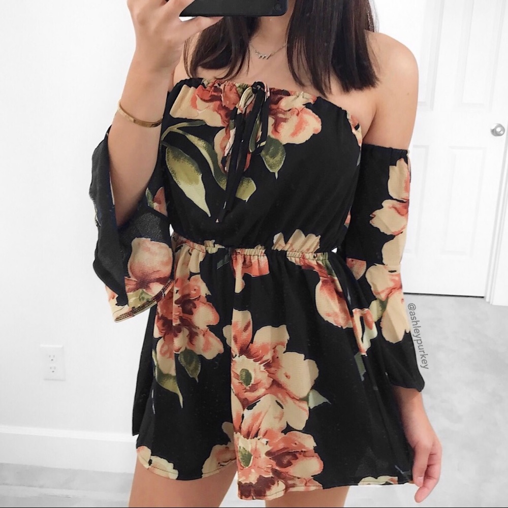 black and peach floral off the shoulder romper